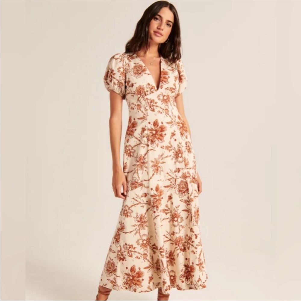 Abercrombie and Fitch Puff Sleeve Slim Poplin Midi Dress